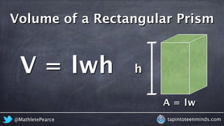 @MathletePearce tapintoteenminds.com
A = lw
lw hh
Volume of a Rectangular Prism
V =
 