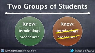 @MathletePearcewww.tapintoteenminds.com
Two Groups of Students
Good at
Math
Not
Good at
Math
Know:
terminology
procedures
Know:
terminology
procedures
 