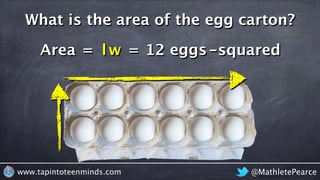 @MathletePearcewww.tapintoteenminds.com
What is the area of the egg carton?
Area = 12 eggs-squaredlw =
 