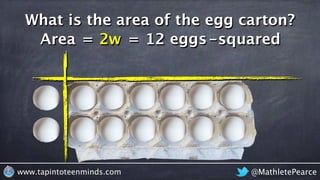 @MathletePearcewww.tapintoteenminds.com
What is the area of the egg carton?
Area = 12 eggs-squared2w =
 