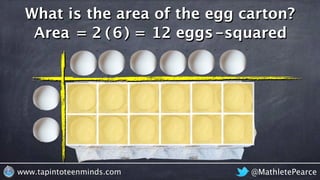 @MathletePearcewww.tapintoteenminds.com
What is the area of the egg carton?
Area = 12 eggs-squared2 6 =( )
 