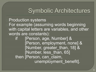 Production systems
For example (assuming words beginning
with capital letters are variables, and other
words are constants):
if [Person, age, Number] &
[Person, employment, none] &
[Number, greater_than, 18] &
[Number, less_than, 65]
then [Person, can_claim,
unemployment_benefit].
6
 