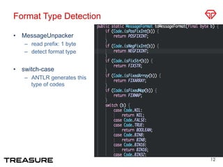 Format Type Detection
•  MessageUnpacker
–  read prefix: 1 byte
–  detect format type
•  switch-case
–  ANTLR generates this
type of codes
12
 