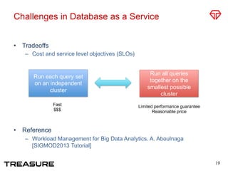 Challenges in Database as a Service
•  Tradeoffs
–  Cost and service level objectives (SLOs)
•  Reference
–  Workload Management for Big Data Analytics. A. Aboulnaga
[SIGMOD2013 Tutorial]
19
Run each query set
on an independent
cluster
Run all queries
together on the
smallest possible
cluster
Fast
$$$
Limited performance guarantee
Reasonable price
 
