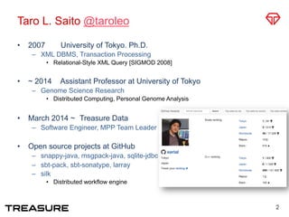 Taro L. Saito @taroleo
•  2007 University of Tokyo. Ph.D.
–  XML DBMS, Transaction Processing
•  Relational-Style XML Query [SIGMOD 2008]
•  ~ 2014 Assistant Professor at University of Tokyo
–  Genome Science Research
•  Distributed Computing, Personal Genome Analysis
•  March 2014 ~ Treasure Data
–  Software Engineer, MPP Team Leader
•  Open source projects at GitHub
–  snappy-java, msgpack-java, sqlite-jdbc
–  sbt-pack, sbt-sonatype, larray
–  silk
•  Distributed workflow engine
2
 
