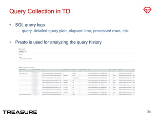 Query Collection in TD
•  SQL query logs
–  query, detailed query plan, elapsed time, processed rows, etc.
•  Presto is used for analyzing the query history
24
 