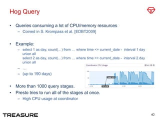 Hog Query
•  Queries consuming a lot of CPU/memory resources
–  Coined in S. Krompass et al. [EDBT2009]
•  Example:
–  select 1 as day, count(…) from … where time <= current_date - interval 1 day
union all
select 2 as day, count(…) from … where time <= current_date - interval 2 day
union all
–  …
–  (up to 190 days)
•  More than 1000 query stages.
•  Presto tries to run all of the stages at once.
–  High CPU usage at coordinator
40
 