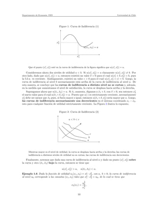 Departamento de Econom´ıa. FEN Universidad de Chile
Figure 1: Curva de Indiferencia (1)
x∗
2
x∗
1
u(x1, x2) = a
Que el punto (x∗
1, x∗
2) est´e en la curva de indiferencia de la ﬁgura signiﬁca que u(x∗
1, x∗
2) = α.
Consideremos ahora dos niveles de utilidad a < b. Si u(x∗
1, x∗
2) = a claramente u(x∗
1, x∗
2) = b. Por
otro lado, dado que u(x∗
1, x∗
2) = a, entonces existir´a un valor δ > 0 para el cual u(x∗
1 + δ, x∗
2) = b, pues
la f.d.u. es creciente. An´alogamente, existir´a un valor ǫ > 0 para el cual u(x∗
1, x∗
2 + ǫ) = b. Luego, la
curva de indiferencia al nivel b necesariamente est´a arriba de la curva de indiferencia al nivel a. De
esta manera, se concluye que las curvas de indiferencia a distinto nivel no se cortan y, adem´as,
en la medida que aumentamos el nivel de satisfacci´on, la curva se desplaza hacia arriba y la derecha,
Supongamos ahora que u(¯x1, ¯x2) = a. Si ¯x1 aumenta, digamos a ¯x1 + δ, con δ > 0, sea entonces x∗
2
el nuevo valor para el cual u(¯x1 +δ, x∗
2) = a. Puesto que u(·) es estrictamente creciente, necesariamente
x∗
2 debe ser menor que ¯x2 pues, si fuera mayor o igual, entonces u(¯x1 +δ, x∗
2) ser´ıa mayor que a. Luego,
las curvas de indiferencia necesariamente son decrecientes en el sistema coordenado x1 − x2,
esto para cualquier funci´on de utilidad estrictamente creciente. La Figura 2 ilustra lo expuesto.
Figure 2: Curva de Indiferencia (2)
a
b
c
a < b < c
Mientras mayor es el nivel de utilidad, la curva se desplaza hacia arriba y la derecha; las curvas de
indiferencia a distintos niveles de utilidad no se cortan; las curvas de indiferencia son decrecientes.
Finalmente, notemos que dada una curva de indiferencia al nivel α y dado un punto (x∗
1, x∗
2) sobre
la curva y otro (¯x1, ¯x2) bajo la curva, entonces se tiene que
u(x∗
1, x∗
2) > α, u(¯x1, ¯x2) < α.
Ejemplo 1.6 Dada la funci´on de utilidad u1(x1, x2) = xa
1 · xb
2, con a, b > 0, la curva de indiferencia
al nivel u0 corresponde a las canastas (x1, x2) tales que xa
1 · xb
2 = u0, de lo cual se tiene que
x2(x1) =
u
1
b
0
x
a
b
1
,
10
 