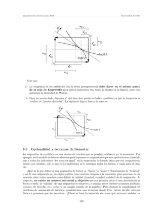 Departamento de Econom´ıa. FEN Universidad de Chile
| |
11
| |
21w
_
_
w
12
_
_
w22
(1)
(2)
_
_
12
| |
w
11
_
_
22
| |
21
x*
x*
x*
x*
p*
Indif 1
Indif 2
Note que:
a.- La tangencia de los preferidos con la recta presupuestaria debe darse en el mismo punto
de la caja de Edgeworth para ambos individuos (tal como se ilustra en la ﬁgura), pues esto
garantiza la identidad de Walras.
b- Para un precio dado, digamos p∗
del bien dos, puede no haber equilibrio ya que la tangencia se
veriﬁca en “puntos distintos”. La siguiente ﬁgura ilustra lo anterior.
| |
21w
_
_
w
12
_
_
w22
(1)
(2)
| |
w
11
p*
Indif 1
Indif 2
8.6 Optimalidad y teoremas de bienestar
La asignaci´on de equilibrio es una dentro de muchas que se puedan establecer en la econom´ıa. Por
ejemplo, en el modelo de intermcabio uno podr´ıa pensar en asignaciones que son equitativas en el sentido
que a todos los individuos “les toca por igual” en la repartici´on de bienes; otras que son inequitativas,
donde, por ejemplo, s´olo a uno de los individuos se le entregan todos los bienes, y nada para el otro,
etc.
¿Qu´e es lo que deﬁne si una asignaci´on de bienes es “buena” o “mala‘’? Seguramente la “bondad”
o no de una asignaci´on es, en alg´un sentido, una cuesti´on ex´ogena a la econom´ıa, pues proviene de un
acuerdo entre todos nosotros para deﬁnir la calidad (bondad, equidad, calidad) de la asignaci´on. Al
respecto, no existe un acuerso universal y objetivo que nos permita decir si una distribuci´on es
buena o mala: la “calidad” de una asignaci´on es subjetivo, y muchas veces obedece a razones pol´ıticas,
sociales, de derecho, etc., todo en un amplio sentido de la palabra. Para ilustrar la complejidad del
problema de asignaci´on de recursos, consideremos una situaci´on donde Uds. deben decidir entregar
bienes a personas que los necesitan. ¿C´omo se hace la signaci´on sin tener que provocar maletar en
142
 