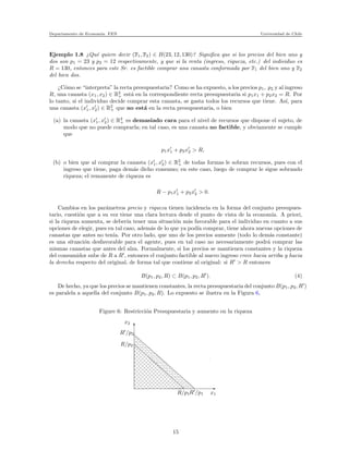 Departamento de Econom´ıa. FEN Universidad de Chile
Ejemplo 1.8 ¿Qu´e quiere decir (x1, x2) ∈ B(23, 12, 130)? Signiﬁca que si los precios del bien uno y
dos son p1 = 23 y p2 = 12 respectivamente, y que si la renta (ingreso, riqueza, etc.) del individuo es
R = 130, entonces para este Sr. es factible comprar una canasta conformada por x1 del bien uno y x2
del bien dos.
¿C´omo se “interpreta” la recta presupuestaria? Como se ha expuesto, a los precios p1, p2 y al ingreso
R, una canasta (x1, x2) ∈ R2
+ est´a en la correspondiente recta presupuestaria si p1x1 + p2x2 = R. Por
lo tanto, si el individuo decide comprar esta canasta, se gasta todos los recursos que tiene. As´ı, para
una canasta (x′
1, x′
2) ∈ R2
+ que no est´a en la recta presupuestaria, o bien
(a) la canasta (x′
1, x′
2) ∈ R2
+ es demasiado cara para el nivel de recursos que dispone el sujeto, de
modo que no puede comprarla; en tal caso, es una canasta no factible, y obviamente se cumple
que
p1x′
1 + p2x′
2 > R,
(b) o bien que al comprar la canasta (x′
1, x′
2) ∈ R2
+ de todas formas le sobran recursos, pues con el
ingreso que tiene, paga dem´as dicho consumo; en este caso, luego de comprar le sigue sobrando
riqueza; el remanente de riqueza es
R − p1x′
1 + p2x′
2 > 0.
Cambios en los par´ametros precio y riqueza tienen incidencia en la forma del conjunto presupues-
tario, cuesti´on que a su vez tiene una clara lectura desde el punto de vista de la econom´ıa. A priori,
si la riqueza aumenta, se deber´ıa tener una situaci´on m´as favorable para el individuo en cuanto a sus
opciones de elegir, pues en tal caso, adem´as de lo que ya pod´ıa comprar, tiene ahora nuevas opciones de
canastas que antes no ten´ıa. Por otro lado, que uno de los precios aumente (todo lo dem´as constante)
es una situaci´on desfavorable para el agente, pues en tal caso no necesariamente podr´a comprar las
mismas canastas que antes del alza. Formalmente, si los precios se mantienen constantes y la riqueza
del consumidor sube de R a R′
, entonces el conjunto factible al nuevo ingreso crece hacia arriba y hacia
la derecha respecto del original, de forma tal que contiene al original: si R′
> R entonces
B(p1, p2, R) ⊂ B(p1, p2, R′
). (4)
De hecho, ya que los precios se mantienen constantes, la recta presupuestaria del conjunto B(p1, p2, R′
)
es paralela a aquella del conjunto B(p1, p2, R). Lo expuesto se ilustra en la Figura 6,
Figure 6: Restricci´on Presupuestaria y aumento en la riqueza
xxxxxxxxxxxxxxxxxxxxxxxxxxxxxxxxxxxxxxxxxxxxxxxxxxxxxxxxxxxxxxxxxxxxxxxxxxxxxxxxxxxxxxxxxxxxxxxxxxxxxxxxxxxxxxxxxxxxxxxxxxxxxxxxxxxxxxxxxxxxxxxxxxxxxxxxxxxxxxxxxxxxxxxxxxxxxxxxxxxxxxxxxxxxxxxxxxx
x
xxxxxxxxxxxxxxxxxxxxxxxxxxxxxxxxxxxxxxxxxxxxxxxxxxxxxxxxxxxxxxxxxxxxxxxxxxxxxxxxxxxxxxxxxxxxxxxxxxxxxxxxxxxxxxxxxxxxxxxxxxxxxxxxxxxxxxxxxxxxxxxxxxxxxxxxxxxxxxxxxxxxxxxxxxxxxxxxxxxxxxxxxxxxxxxxxxxxxxxxxxxxxxxxxxxxxxxxxxxxxxxxxxxxxxxxxxxxxxxxxxxxxxxxxxxxxxxxxxxxxxxxxxxxxx
x2
R′
/p2
R/p2
R/p1R′
/p1 x1
15
 