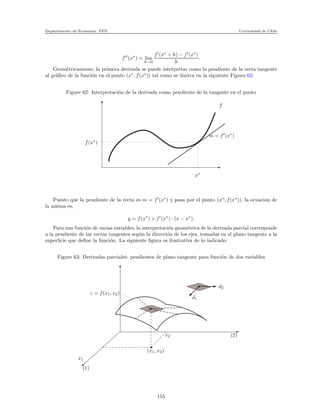 Departamento de Econom´ıa. FEN Universidad de Chile
f′′
(x∗
) = lim
h→0
f′
(x∗
+ h) − f′
(x∗
)
h
.
Geom´etricamente, la primera derivada se puede interpretar como la pendiente de la recta tangente
al gr´aﬁco de la funci´on en el punto (x∗
, f(x∗
)) tal como se ilustra en la siguiente Figura 62:
Figure 62: Interpretaci´on de la derivada como pendiente de la tangente en el punto
f(x∗
)
x∗
m = f′
(x∗
)
f
Puesto que la pendiente de la recta es m = f′
(x∗
) y pasa por el punto (x∗
, f(x∗
)), la ecuaci´on de
la misma es,
y = f(x∗
) + f′
(x∗
) · (x − x∗
).
Para una funci´on de varias variables, la interpretaci´on geom´etrica de la derivada parcial corresponde
a la pendiente de las rectas tangentes seg´un la direcci´on de los ejes, tomadas en el plano tangente a la
superﬁcie que deﬁne la funci´on. La siguiente ﬁgura es ilustrativa de lo indicado:
Figure 63: Derivadas parciales: pendientes de plano tangente para funci´on de dos variables
x1
(1)
(x1, x2)
x2 (2)
d2
d1
z = f(x1, x2)
155
 