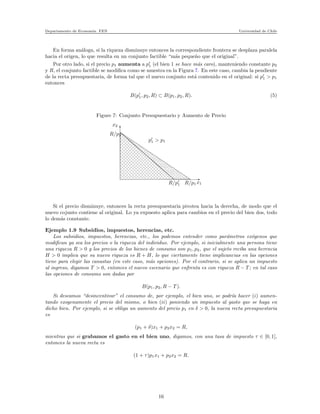 Departamento de Econom´ıa. FEN Universidad de Chile
En forma an´aloga, si la riqueza disminuye entonces la correspondiente frontera se desplaza paralela
hacia el origen, lo que resulta en un conjunto factible “m´as peque˜no que el original”.
Por otro lado, si el precio p1 aumenta a p′
1 (el bien 1 se hace m´as caro), manteniendo constante p2
y R, el conjunto factible se modiﬁca como se muestra en la Figura 7. En este caso, cambia la pendiente
de la recta presupuestaria, de forma tal que el nuevo conjunto est´a contenido en el original: si p′
1 > p1
entonces
B(p′
1, p2, R) ⊂ B(p1, p2, R). (5)
Figure 7: Conjunto Presupuestario y Aumento de Precio
xxxxxxxxxxxxxxxxxxxxxxxxxxxxxxxxxxxxxxxxxxxxxxxxxxxxxxxxxxxxxxxxxxxxxxxxxxxxxxxxxxxxxxxxxxxxxxxxxxxxxxxxxxxxxxxxxxxxxxxxxxxxxxxxxxxxxxxxxxxxxxxxxxxxxxxxxxxxxxxxxxxxxxxxxxxxxxxxxxxxxxxxxxxxxxxxxxxxxxxxxxxxxxxxxxxxxxxxxxxxxxxxxxxxxxxxxxxxxxxxxxxxxxxxxxxxxxxxxxxxxxxxxxxxxxxxxxxxxxxxxxxxxxxxxxxxxxxxxxxxxxxxxxxxxxxxxxxxxxxxxxx
x
xxxxxxxxxxxxxxxxxxxxxxxxxxxxxxxxxxxxxxxxxxxxxxxxxxxxxxxxxxxxxxxxxxxxxxxxxxxxxxxxxxxxxxxxxxxxxxxxxxxxxxxxxxxxxxxxxxxxxxxxxxxxxxxxxxxxxxxxxxxxxxxxxxxxxxxxxxxxxxxxxxxxxxxxxxxxxxxxxxxxxxxxxxxxxxxxxxxxxxxxxxxxxxxxxxxxxxxxxxxxxxxxxxxxxxxxxxxxxxxxxxxxxxxxxxxxxxxxxxxxxxxxxxxxxxxxxxxxxxxxxxxxxxxxxxxxxxxxxxxxxxxxxxxxxxxxxxxxxxxxxxxxxxxxxxxxxxxxxxxxxxxxxxxxxxxxxxxxxxxxxxxxxxxxxxxxxxxxxxxxxxxx
x2
R/p2
R/p′
1 R/p1x1
p′
1 > p1
Si el precio disminuye, entonces la recta presupuestaria pivotea hacia la derecha, de modo que el
nuevo cojunto contiene al original. Lo ya expuesto aplica para cambios en el precio del bien dos, todo
lo dem´as constante.
Ejemplo 1.9 Subsidios, impuestos, herencias, etc.
Los subsidios, impuestos, herencias, etc., los podemos entender como par´ametros ex´ogenos que
modiﬁcan ya sea los precios o la riqueza del individuo. Por ejemplo, si inicialmente una persona tiene
una riqueza R > 0 y los precios de los bienes de consumo son p1, p2, que el sujeto reciba una herencia
H > 0 implica que su nuevo riqueza es R + H, lo que ciertamente tiene implicancias en las opciones
tiene para elegir las canastas (en este caso, m´as opciones). Por el contrario, si se aplica un impuesto
al ingreso, digamos T > 0, entonces el nuevo escenario que enfrenta es con riqueza R − T ; en tal caso
las opciones de consumo son dadas por
B(p1, p2, R − T ).
Si deseamos “desincentivar” el consumo de, por ejemplo, el bien uno, se podr´ıa hacer (i) aumen-
tando exogenamente el precio del mismo, o bien (ii) poniendo un impuesto al gasto que se haga en
dicho bien. Por ejemplo, si se obliga un aumento del precio p1 en δ > 0, la nueva recta presupuestaria
es
(p1 + δ)x1 + p2x2 = R,
mientras que si grabamos el gasto en el bien uno, digamos, con una tasa de impuesto τ ∈ [0, 1],
entonces la nueva recta es
(1 + τ)p1x1 + p2x2 = R.
16
 