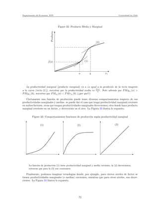 Departamento de Econom´ıa. FEN Universidad de Chile
Figure 32: Producto Medio y Marginal
Producto
f(a)
a b
(1)
x1
(2)
La productividad marginal (producto marginal) en a es igual a la pendiente de la recta tangente
a la curva (recta (1)), mientras que la productividad media es f(a)
a . Note adem´as que PMgx1 (a) >
PMgx1 (b), mientras que PMx1 (a) < PMex1 (b) (¿por qu´e?)
Ciertamente una funci´on de producci´on puede tener diversos comportamientos respecto de sus
productividades marginales y medias: se puede dar el caso que tenga productividad marginal creciente
en ambos factores, otras que tengan productividades marginales decrecientes, otra donde haya producto
marginal creciente en un factor, y decreciente en el otro. La Figura 33 ilustra lo expuesto.
Figure 33: Comportamientos funciones de producci´on seg´un productividad marginal
(1) (2) (3)
La funci´on de producci´on (1) tiene productividad marginal y media creciente, la (2) decrecientes,
mientras que pata la (3) son constantes.
Finalmente, podemos imaginar tecnolog´ıas donde, por ejemplo, para ciertos niveles de factor se
tienen productividades marginales (o medias) crecientes, mientras que para otros niveles, son decre-
cientes. La Figura 34 ilustra lo expuesto.
72
 
