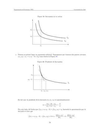 Departamento de Econom´ıa. FEN Universidad de Chile
Figure 38: Isocuantas no se cortan
x∗
2
x2
x1
Iy1
Iy2
c.- Veamos en primer lugar un argumento informal. Supongamos que tenemos dos puntos cercanos
(x1, x2), (x1 + a, x2 − b) ∈ Iy como ilustra la Figura 39:
Figure 39: Pendiente de Isocuantas
x2
x2 − b
x1 x1 + a
Iy
En tal caso, la pendiente de la isocuanta en (x1, x2) es aproximadamente:
m =
(x2 − b) − x2
(x1 + a) − x1
= −
b
a
.
Por otro lado, del hecho que f(x1 + a, x2 − b) = f(x1, x2) = y, haciendo la aproximaci´on por la
derivada se tiene que
f(x1 + a, x2 − b) − f(x1, x2) = 0 ≈ a ·
∂f(x1, x2)
∂x1
+ b ·
∂f(x1, x2)
∂x2
,
78
 