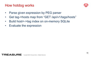 Copyright ©2015 Treasure Data. All Rights Reserved.
How hotdog works
• Parse given expression by PEG parser
• Get tag->hosts map from “GET /api/v1/tags/hosts”
• Build host<->tag index on on-memory SQLite
• Evaluate the expression
18
 