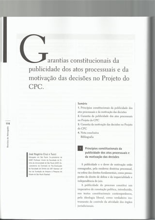 Garantias Constitucionais da publicidade dos atos processuais e da motivação das decisões no Projeto do CPC.