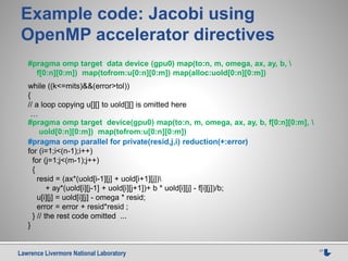 Lawrence Livermore National Laboratory 17
Example code: Jacobi using
OpenMP accelerator directives
while ((k<=mits)&&(error>tol))
{
// a loop copying u[][] to uold[][] is omitted here
…
#pragma omp parallel for private(resid,j,i) reduction(+:error)
for (i=1;i<(n-1);i++)
for (j=1;j<(m-1);j++)
{
resid = (ax*(uold[i-1][j] + uold[i+1][j])
+ ay*(uold[i][j-1] + uold[i][j+1])+ b * uold[i][j] - f[i][j])/b;
u[i][j] = uold[i][j] - omega * resid;
error = error + resid*resid ;
} // the rest code omitted ...
}
#pragma omp target data device (gpu0) map(to:n, m, omega, ax, ay, b, 
f[0:n][0:m]) map(tofrom:u[0:n][0:m]) map(alloc:uold[0:n][0:m])
#pragma omp target device(gpu0) map(to:n, m, omega, ax, ay, b, f[0:n][0:m], 
uold[0:n][0:m]) map(tofrom:u[0:n][0:m])
 