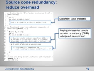 Lawrence Livermore National Laboratory 39
Source code redundancy:
reduce overhead
Relying on baseline double
modular redundancy (DMR)
to help reduce overhead
Statement to be protected
 