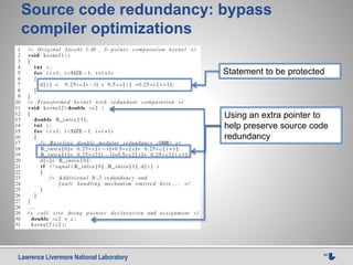 Lawrence Livermore National Laboratory 40
Source code redundancy: bypass
compiler optimizations
Using an extra pointer to
help preserve source code
redundancy
Statement to be protected
 
