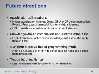 Lawrence Livermore National Laboratory 44
Future directions
 Accelerator optimizations
• Newer accelerator features: Direct GPU to GPU communication,
Peer-to-Peer execution model, Uniform Virtual Memory
• CPU threads vs. accelerator threads vs. vectorization
 Knowledge-driven compilation and runtime adaptation
• Explicit represent optimization knowledge and automatic apply
them in HPC
 A uniform directive-based programming model
• A single X instead of MPI+X to cover both on-node and across
node parallelism
 Thread level resilience
• Most resilience work focus on MPI, not threading
 