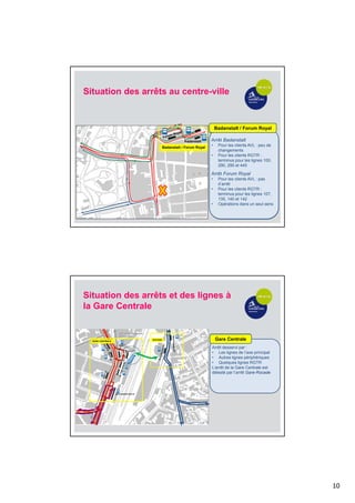 10
Royal
• Changement de la
dénomination des quais (avant
Q2A/Q2B et Q4)
• Arrêt desservi principalement
par RGTR (sauf L8 et L12 par
AVL)
• Quai 3 supprimé
Badanstalt / Forum Royal
Arrêt Badanstalt
• Pour les clients AVL : peu de
changements
• Pour les clients RGTR :
terminus pour les lignes 100,
290, 295 et 445
Arrêt Forum Royal
• Pour les clients AVL : pas
d’arrêt
• Pour les clients RGTR :
terminus pour les lignes 107,
135, 140 et 142
• Opérations dans un seul sens
Badanstalt
Badanstalt / Forum Royal
Situation des arrêts au centre-ville
Place Wallis
• Arrêt pour les lignes de l’axe
secondaire #1 (sauf lignes 13,
31)
• Nouveau quai (Q3) dans la rue
de Bonnevoie (pour les lignes
5, 6 et 15 direction arrêt
Monterey)
Rocade
• Nouvel arrêt :
Gare-Rocade
• Arrêt desservi uniquement par
des lignes AVL (lignes 5, 6, 15,
31)
Gare Centrale
Arrêt desservi par :
• Les lignes de l’axe principal
• Autres lignes périphériques
• Quelques lignes RGTR
L’arrêt de la Gare Centrale est
délesté par l’arrêt Gare-Rocade
Situation des arrêts et des lignes à
la Gare Centrale
 