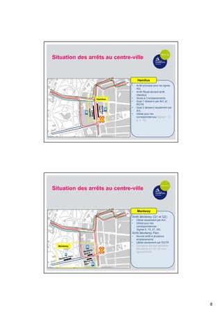 8
Hamilius
Situation des arrêts au centre-ville
Hamilius
• Arrêt principal pour les lignes
AVL
• Arrêt Royal devient arrêt
Hamilius
• Quais à 3 emplacements
• Quai 1 desservi par AVL et
RGTR
• Quai 2 desservi seulement par
AVL
• Utilisé pour les
correspondances (lignes 1, 2,
4, 9, 18)
Monterey
Arrêt Monterey (Q1 et Q2)
• Utilisé seulement par AVL
• Utilisé pour les
correspondances
(lignes 5, 15, 21, 30)
Arrêt Monterey Parc
• Nouvel arrêt à plusieurs
emplacements
• Utilisé seulement par RGTR
• Correspondances possibles
des lignes 21, 22, 28 vers
lignes RGTR
Monterey
Situation des arrêts au centre-ville
 