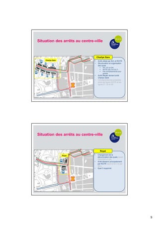 9
Charlys Gare
• Arrêt utilisé par AVL et RGTR
• Structuration et organisation
des quais
 AVL (Q1 et Q4)
 RGTR (Q2,3 et 5,6,7)
 Pas d’emplacements pour
pauses
• Arrêt Reuter devient arrêt
Charlys Gare
• Correspondances possibles
entre les lignes RGTR et les
lignes 21, 22 et 28
Charlys Gare
Situation des arrêts au centre-ville
Royal
• Changement de la
dénomination des quais (avant
Q2A/Q2B et Q4)
• Arrêt desservi principalement
par RGTR (sauf L8 et L12 par
AVL)
• Quai 3 supprimé
Royal
Situation des arrêts au centre-ville
 