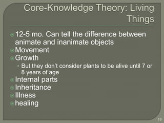12-5 mo. Can tell the difference between
animate and inanimate objects
Movement
Growth
• But they don’t consider plants to be alive until 7 or
8 years of age
Internal parts
Inheritance
Illness
healing
19
 