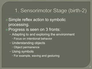 Simple reflex action to symbolic
processing.
Progress is seen on 3 fronts:
• Adapting to and exploring the environment
 Focus on intentional behavior
• Understanding objects
 Object permanence
• Using symbols
 For example, waving and gesturing
7
 