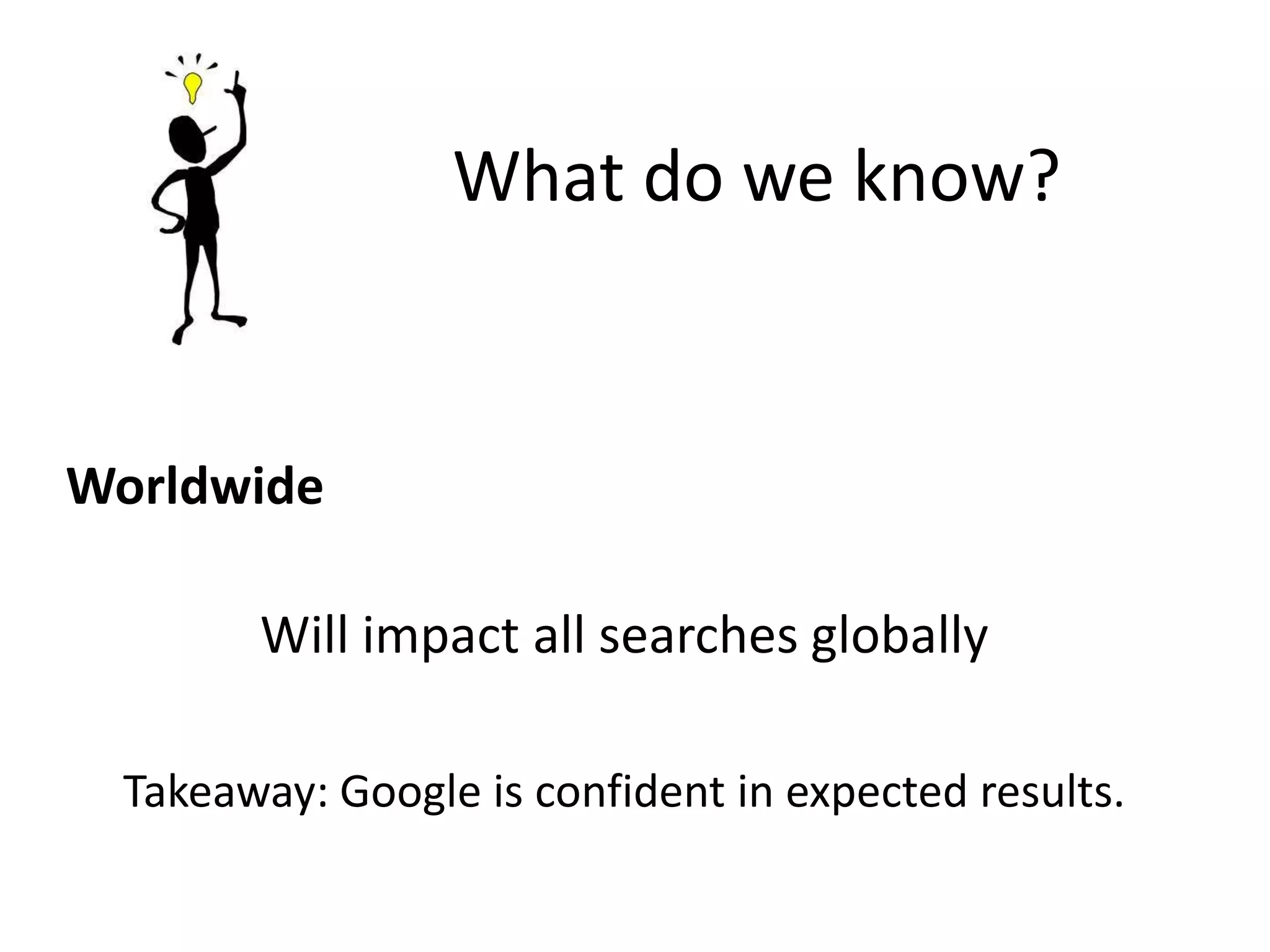 What do we know?
Worldwide
Will impact all searches globally
Takeaway: Google is confident in expected results.
 