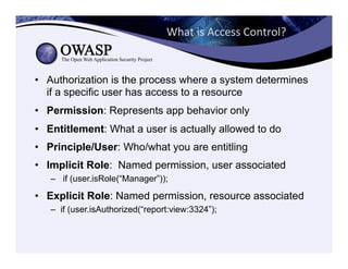 What	
  is	
  Access	
  Control?	
  
•  Authorization is the process where a system determines
if a specific user has access to a resource
•  Permission: Represents app behavior only
•  Entitlement: What a user is actually allowed to do
•  Principle/User: Who/what you are entitling
•  Implicit Role: Named permission, user associated
–  if (user.isRole(“Manager”));
•  Explicit Role: Named permission, resource associated
–  if (user.isAuthorized(“report:view:3324”);
 