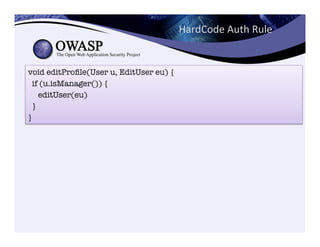 void editProﬁle(User u, EditUser eu) {
if (u.isManager()) {
editUser(eu)
}
}
HardCode	
  Auth	
  Rule	
  
 