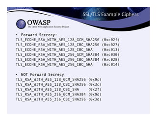 SSL/TLS	
  Example	
  Ciphers	
  
•  Forward Secrecy:
TLS_ECDHE_RSA_WITH_AES_128_GCM_SHA256 (0xc02f)
TLS_ECDHE_RSA_WITH_AES_128_CBC_SHA256 (0xc027)
TLS_ECDHE_RSA_WITH_AES_128_CBC_SHA (0xc013)
TLS_ECDHE_RSA_WITH_AES_256_GCM_SHA384 (0xc030)
TLS_ECDHE_RSA_WITH_AES_256_CBC_SHA384 (0xc028)
TLS_ECDHE_RSA_WITH_AES_256_CBC_SHA (0xc014)
•  NOT Forward Secrecy
TLS_RSA_WITH_AES_128_GCM_SHA256 (0x9c)
TLS_RSA_WITH_AES_128_CBC_SHA256 (0x3c)
TLS_RSA_WITH_AES_128_CBC_SHA (0x2f)
TLS_RSA_WITH_AES_256_GCM_SHA384 (0x9d)
TLS_RSA_WITH_AES_256_CBC_SHA256 (0x3d)
 