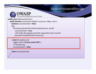 public	
  class	
  MyAccessControl	
  {	
  
	
  	
  	
  	
  public	
  boolean	
  accessGrant	
  (Object	
  ressource,	
  Objec	
  user)	
  {	
  
	
  	
  	
  	
  	
  	
  	
  	
  boolean	
  accessGranted	
  =	
  false;	
  
	
  	
  	
  	
  	
  	
  	
  	
  try	
  {	
  
	
  	
  	
  	
  	
  	
  	
  	
  	
  	
  	
  	
  if	
  (myAccessControl().isAuthorize(ressource,	
  user)){	
  
	
  	
  	
  	
  	
  	
  	
  	
  	
  	
  	
  	
  	
  	
  	
  	
  accessGranted	
  =	
  true;	
  
	
  	
  	
  	
  	
  	
  	
  	
  	
  	
  	
  	
  	
  	
  	
  	
  //do	
  Stuﬀ	
  	
  like	
  logging	
  and	
  other	
  oppera<on	
  than	
  may	
  fail	
  
	
  	
  	
  	
  	
  	
  	
  	
  	
  	
  	
  	
  	
  	
  	
  opera<onThatMayFailed	
  (ressource);	
  
	
  	
  	
  	
  	
  	
  	
  	
  	
  	
  	
  	
  }	
  
	
  	
  	
  	
  	
  	
  	
  	
  }	
  catch	
  (ExcepCon	
  ex){	
  
	
  	
  	
  	
  	
  	
  	
  	
  	
  	
  	
  	
  logger.audit	
  ("Access	
  control	
  fail")	
  ;	
  
	
  	
  	
  	
  	
  	
  	
  	
  	
  	
  	
  	
  //	
  Fail	
  Securely	
  
	
  	
  	
  	
  	
  	
  	
  	
  	
  	
  	
  	
  accessGranted	
  =	
  false;	
  
	
  	
  	
  	
  	
  	
  	
  	
  }	
  
	
  	
  	
  	
  	
  	
  	
  	
  return	
  accessGranted;	
  
	
  	
  	
  	
  }	
  
}
SecurePasswordStorage	
  
 
