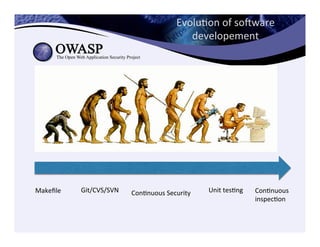 EvoluCon	
  of	
  sogware	
  
developement	
  
Makeﬁle	
   ConCnuous	
  Security	
   Unit	
  tesCng	
   ConCnuous	
  
inspecCon	
  
Git/CVS/SVN	
  
 