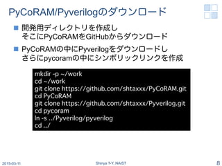 PyCoRAM/Pyverilogのダウンロード
n  開発用ディレクトリを作成し
そこにPyCoRAMをGitHubからダウンロード
n  PyCoRAMの中にPyverilogをダウンロードし
さらにpycoramの中にシンボリックリン...