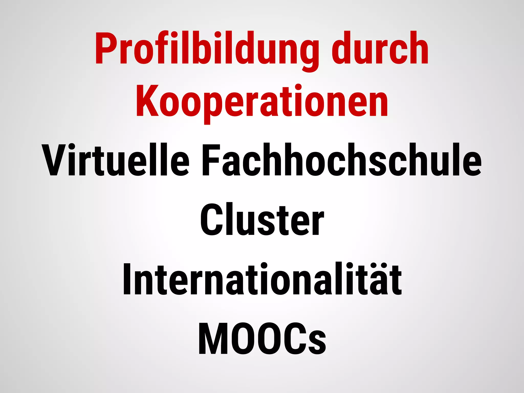 Profilbildung durch
Kooperationen
Virtuelle Fachhochschule
Cluster
Internationalität
MOOCs
 