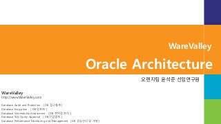 WareValley
http://www.WareValley.com
Database Audit and Protection [ DB 접근통제 ]
Database Encryption [ DB 암호화 ]
Database Vulnerability Assessment [ DB 취약점 분석 ]
Database SQL Query Approval [ DB 작업결재 ]
Database Performance Monitoring and Management [ DB 성능관리 및 개발 ]
WareValley
Oracle Architecture
오렌지팀 윤석준 선임연구원
 