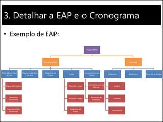 3. Detalhar a EAP e o Cronograma
• Exemplo de EAP:
Projeto XPTO
Documentação
Descrição de Caso
de Uso
Regras de Negócio
Requisitos
Funcionais
Requisitos Não
Funcionais
Diagrama de Caso
de Uso
Diagrama de
Classes
Testes
Plano de Testes
Script de Testes
Evidências de
Testes
Levantamento de
Dados
Entrevistas com os
Clientes
Relatórios de
Pesquisas
Sistema
Cadastros
Usuário
Paciente
Funcionários
Relatórios Controle de Acesso
 