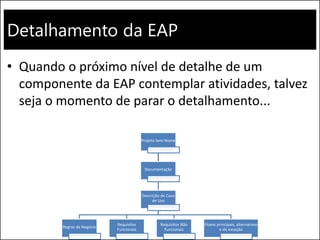 Detalhamento da EAP
• Quando o próximo nível de detalhe de um
componente da EAP contemplar atividades, talvez
seja o momento de parar o detalhamento...
Projeto Sem Nome
Documentação
Descrição de Caso
de Uso
Regras de Negócio
Requisitos
Funcionais
Requisitos Não
Funcionais
Fluxos principais, alternativos
e de exceção
 
