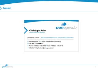 13
Christoph Adler
Technical Account Manager
panagenda GmbH – Solutions for Infrastructure Analysis and Optimization
● Donnersbergstr. 1 ● 64646 Heppenheim (Germany)
● Cell: +49 172 494 4141
● Phone: +49 6252 679 39-52 ● Fax: +49 6252 679 39-16
● E-Mail: christoph.adler@panagenda.com
Kontakt
 