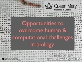 @yannick__ http://wurmlab.github.io
Opportunities to
overcome human &
computational challenges
in biology.
2015-03-25-CW15
 