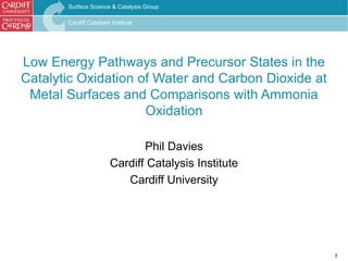 1
Cardiff Catalysis Institute, Surface Science & Catalysis GroupSurface Science & Catalysis Group
Cardiff Catalysis Institute
Low Energy Pathways and Precursor States in the
Catalytic Oxidation of Water and Carbon Dioxide at
Metal Surfaces and Comparisons with Ammonia
Oxidation
Phil Davies
Cardiff Catalysis Institute
Cardiff University
 