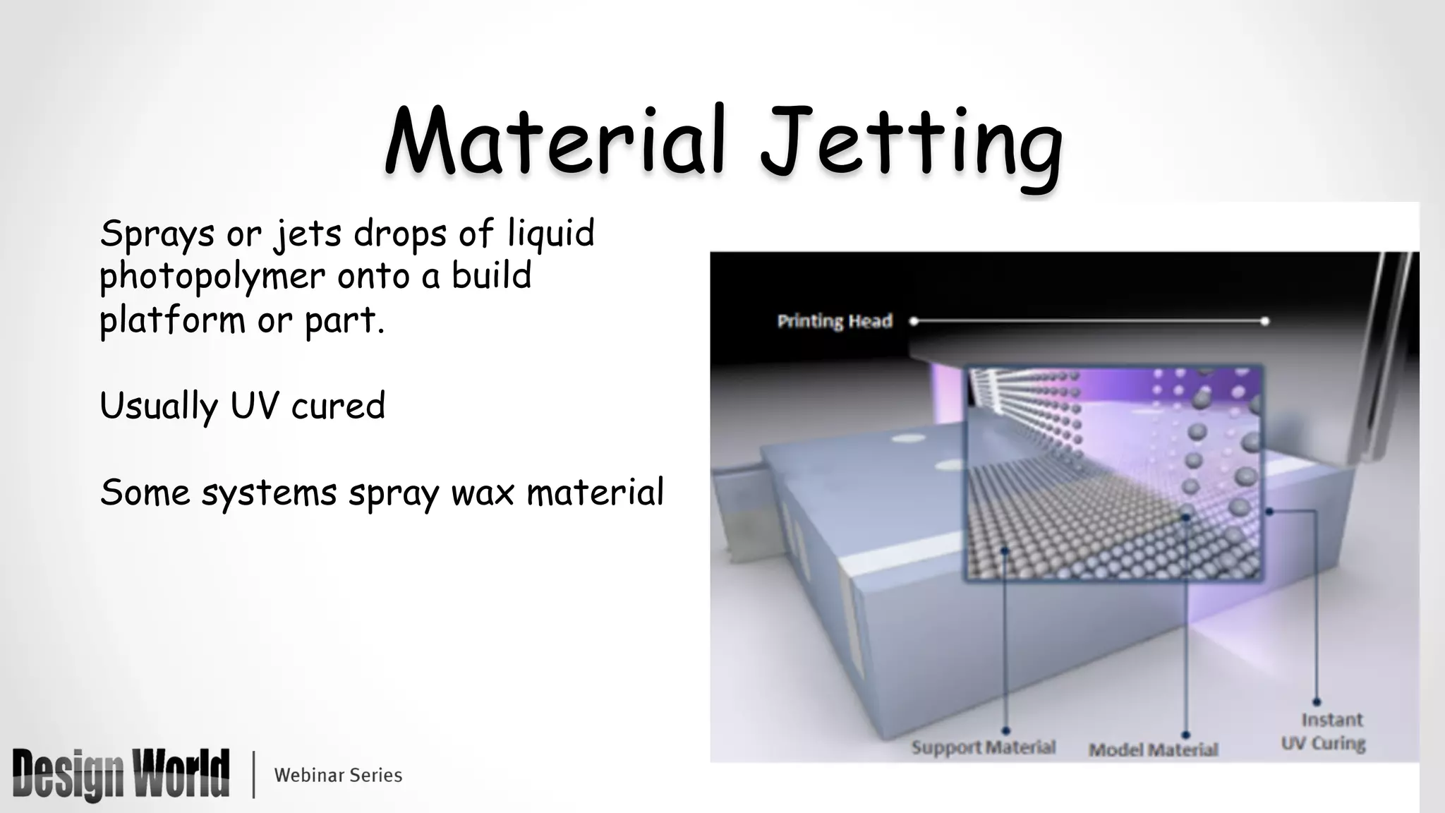 Material Jetting
Sprays or jets drops of liquid
photopolymer onto a build
platform or part.
Usually UV cured
Some systems spray wax material
	
 