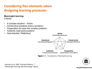 isa.jahnke@umu.se
Considering five elements when
designing learning processes
Meaningful learning
5 facets
• A complex situation – Active
• Constructive (students solve a problem)
• Cooperation (to solve the complex problem)
• Authentic (real-world problem)
• Goal-directed / Reflective)
Jonassen et al, 2003 “Solving Problems…”
“Meaningful learning with technology” (2012)
 