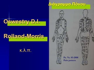 Διάγραμμα Πόνου
Pa. Va. 03-2008
Pain pattern
Oswestry D.I.
Rolland-Morris
κ.λ.π.
 