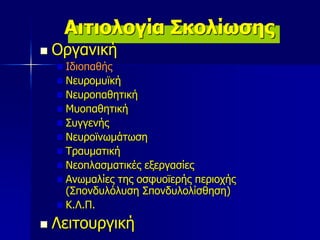 Αιτιολογία Σκολίωσης
 Οργανική
Ιδιοπαθής
Νευρομυϊκή
Νευροπαθητική
Μυοπαθητική
Συγγενής
Νευροϊνωμάτωση
Τραυματική
Νεοπλασματικές εξεργασίες
Ανωμαλίες της οσφυοϊερής περιοχής
(Σπονδυλόλυση Σπονδυλολίσθηση)
Κ.Λ.Π.
 Λειτουργική
 