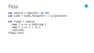 65
Flow
val source = Source(1 to 50) 
val sink = Sink.foreach[String](println) 
 
val flow2 = source 
.map { x => x.toString } 
.map { x => x / 13 } 
.to(sink) 
flow2.run()
 