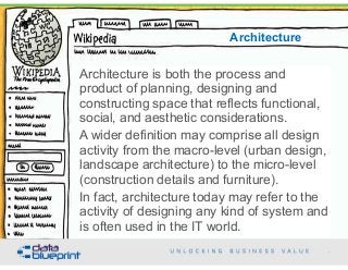 18
Copyright 2015 by Data Blueprint
Architecture is both the process and
product of planning, designing and
constructing space that reflects functional,
social, and aesthetic considerations.
A wider definition may comprise all design
activity from the macro-level (urban design,
landscape architecture) to the micro-level
(construction details and furniture).
In fact, architecture today may refer to the
activity of designing any kind of system and
is often used in the IT world.
Architecture
 