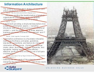 • The underlying (information) design principals upon
which construction is based
– Source: http://architecturepractitioner.blogspot.com/
• … are plans, guiding the transformation of strategic
organizational information needs into specific
information systems development projects
– Source: Internet
• A framework providing a structured description of an
enterprise’s information assets — including
structured data and unstructured or semistructured
content — and the relationship of those assets to
business processes, business management, and IT
systems.
– Source: Gene Leganza, Forrester 2009
• "Information architecture is a foundation discipline
describing the theory, principles, guidelines,
standards, conventions, and factors for managing
information as a resource. It produces drawings,
charts, plans, documents, designs, blueprints, and
templates, helping everyone make efficient,
effective, productive and innovative use of all types
of information."
– Source: Information First by Roger & Elaine Evernden, 2003 ISBN 0
7506 5858 4 p.1.
• Defining the data needs of the enterprise and
designing the master blueprints to meet those needs
– Source: DM BoK
23
Copyright 2015 by Data Blueprint
Information Architecture
 